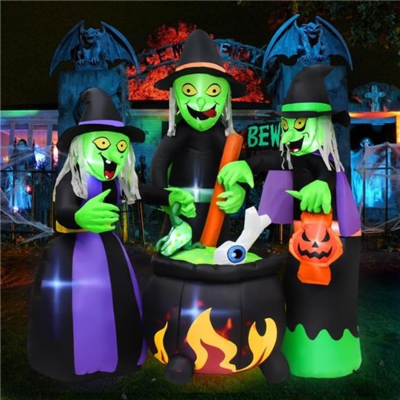 5.9 FT Halloween Decor Inflatable Three Witch Around Cauldron with LED Flashing - Picture 3 of 7